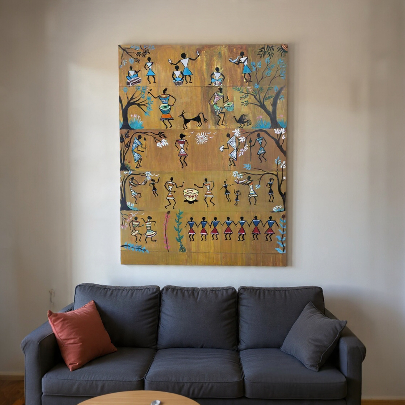 Tribal Art In Golden Yellow Shades With Water Washed Effect Acrylic Painting  3 Feet X 4 Feet