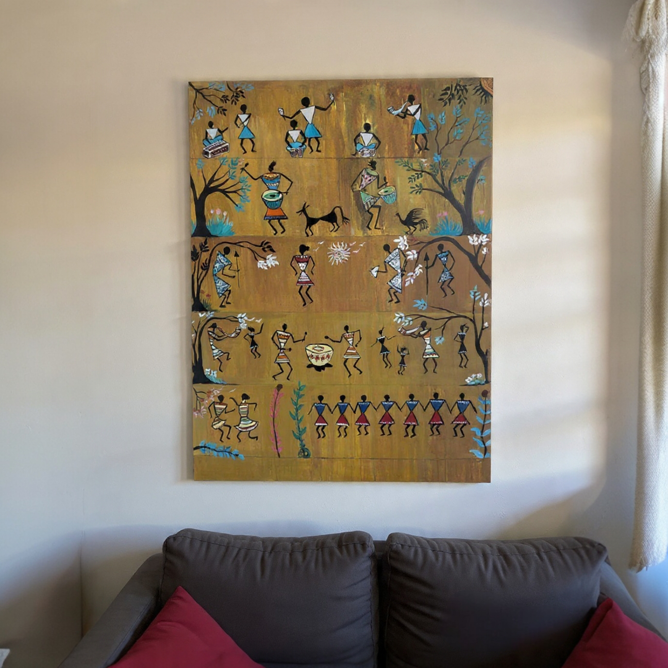 Tribal Art In Golden Yellow Shades With Water Washed Effect Acrylic Painting  3 Feet X 4 Feet