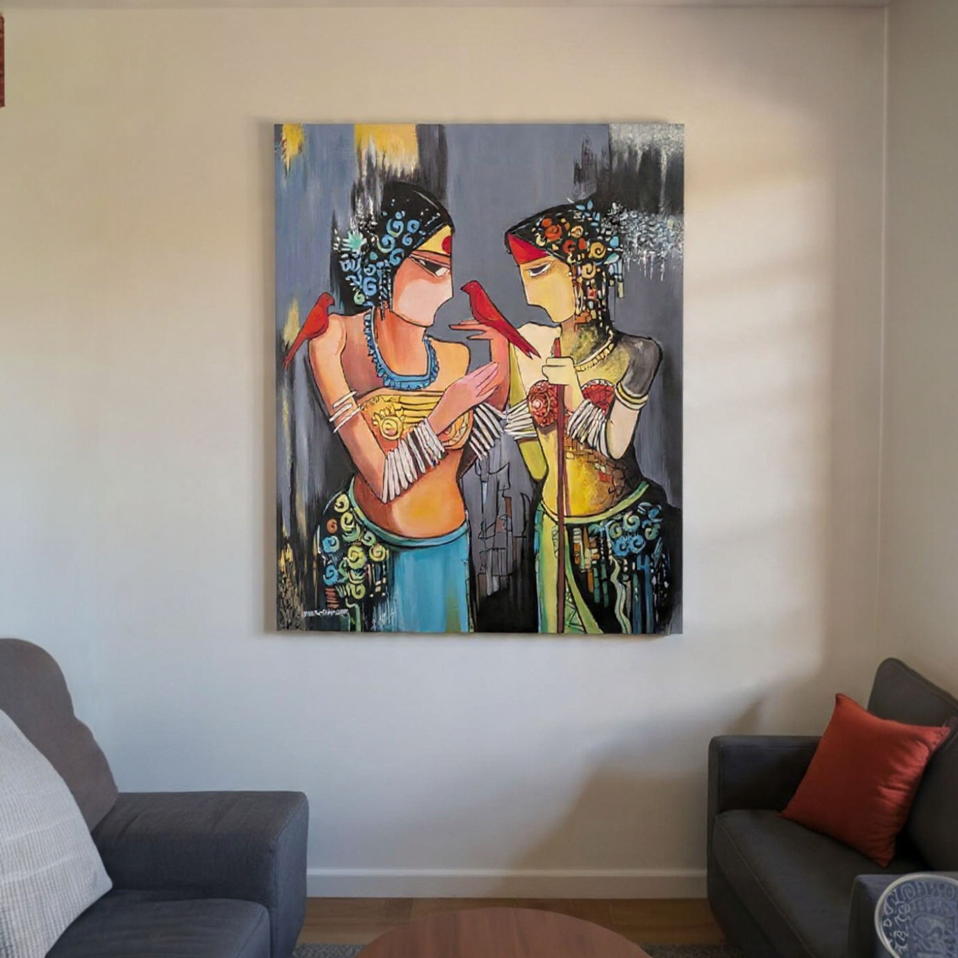 Two Ladies Folk Art Acrylic Painting  30 X 36 Inches