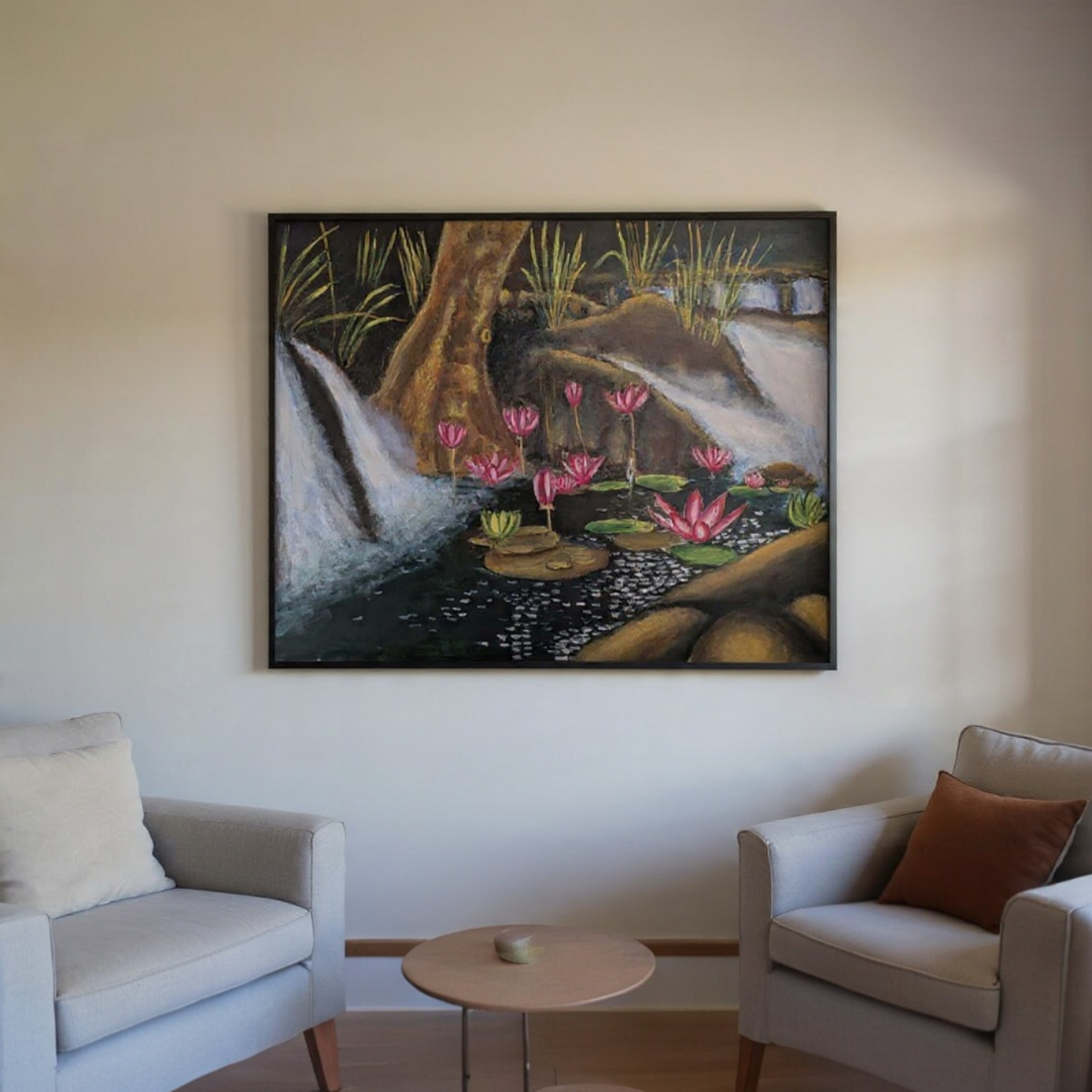 Acrylic Lotus And Waterfall 3 Feet X 4 Feet