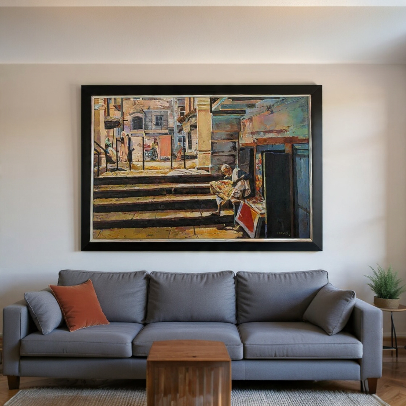 Morning Town Scenario Acrylic Painting With Black Frame 26 X 18 inches