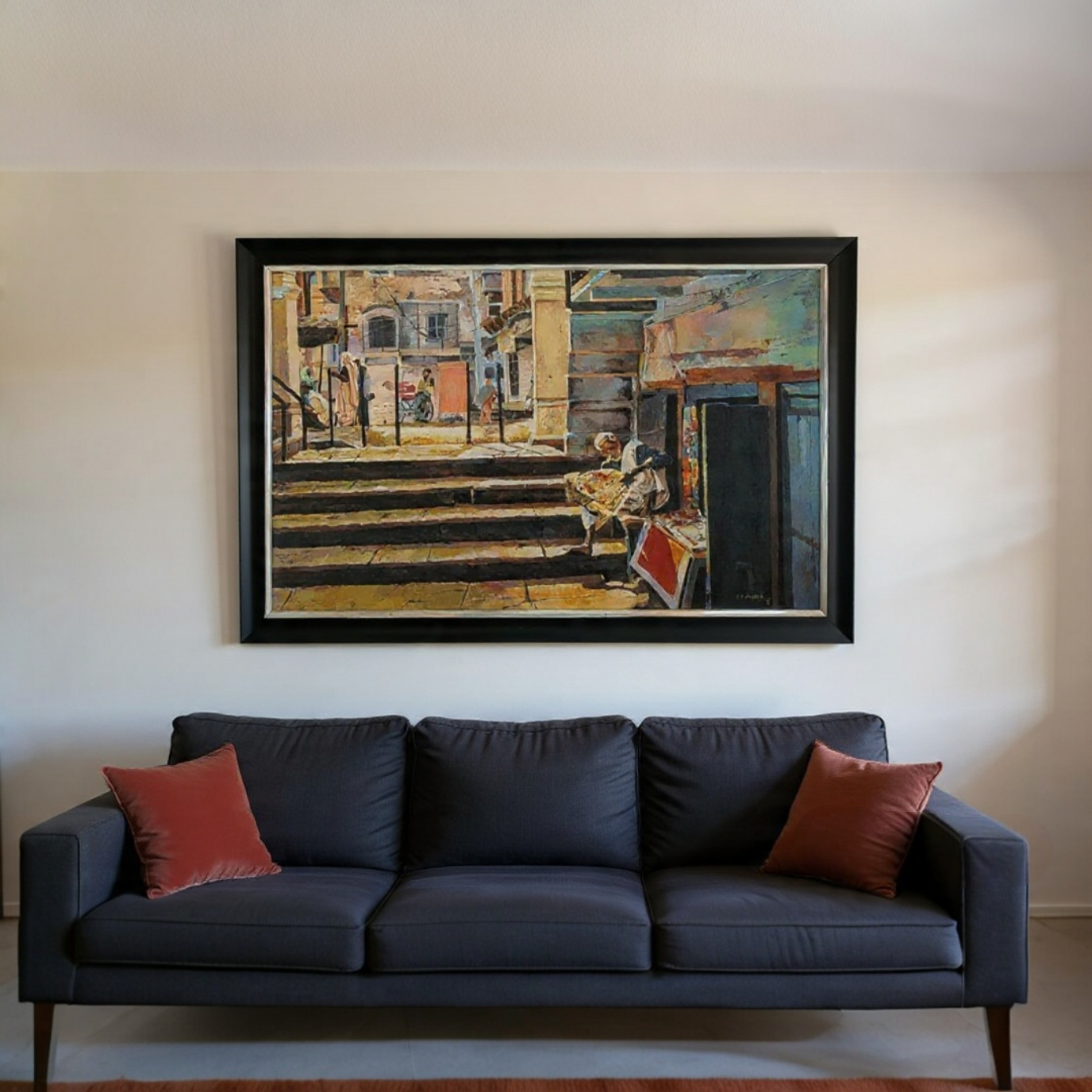 Morning Town Scenario Acrylic Painting With Black Frame 26 X 18 inches