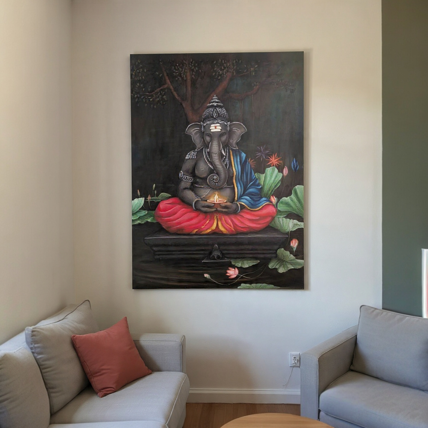 Ganesha With Glowing Lamp In Subtle Colours  4 Feet X 3 Feet Acrylic Painting