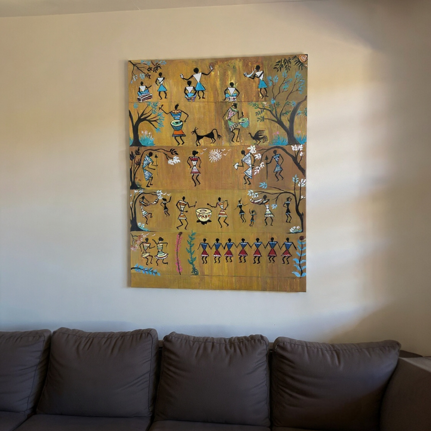 Tribal Art In Golden Yellow Shades With Water Washed Effect Acrylic Painting  3 Feet X 4 Feet
