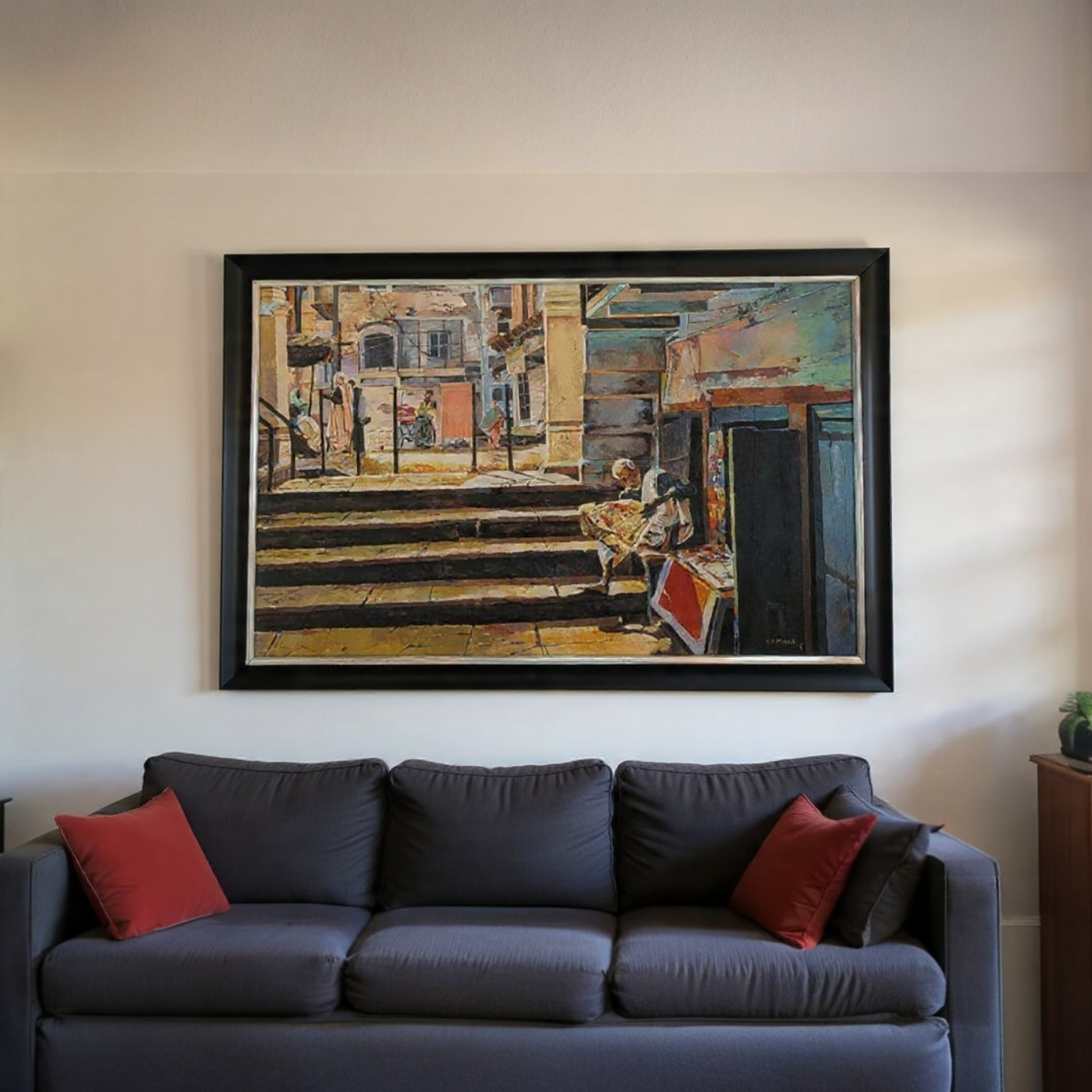 Morning Town Scenario Acrylic Painting With Black Frame 26 X 18 inches