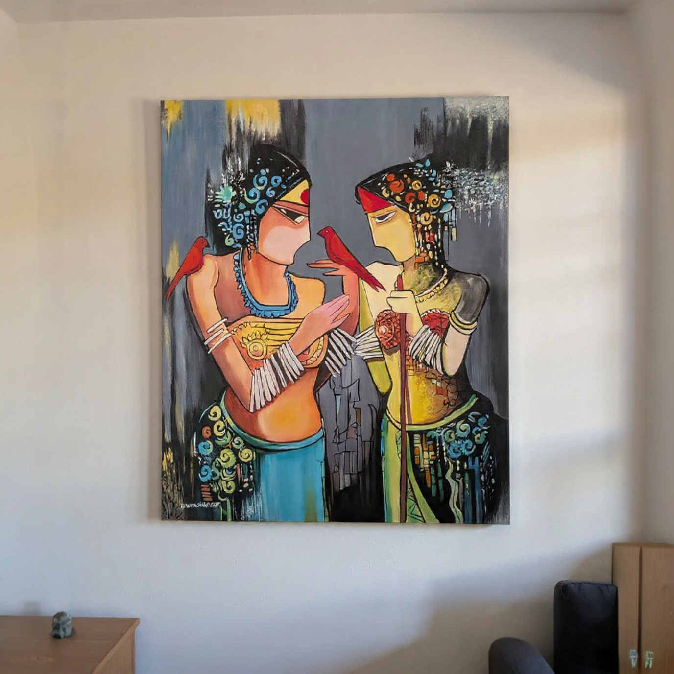 Two Ladies Folk Art Acrylic Painting  30 X 36 Inches