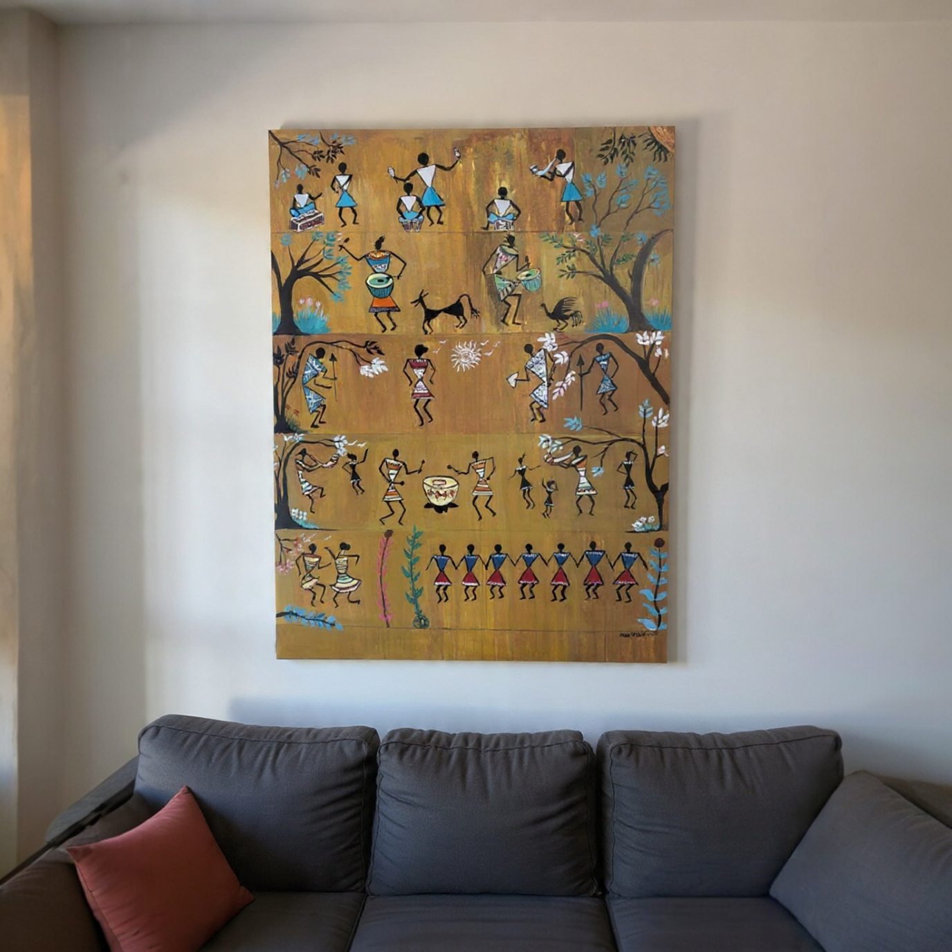 Tribal Art In Golden Yellow Shades With Water Washed Effect Acrylic Painting  3 Feet X 4 Feet