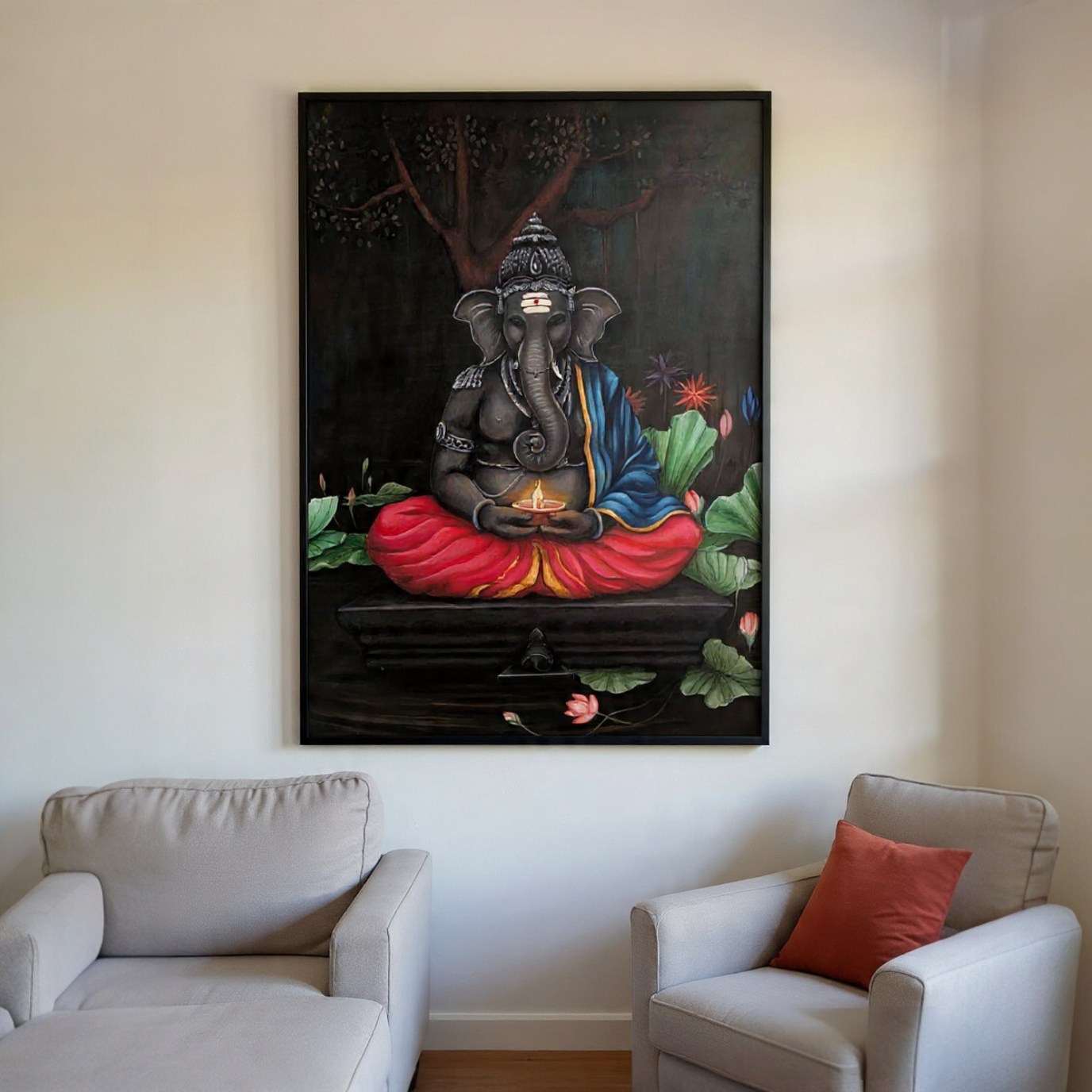 Ganesha With Glowing Lamp In Subtle Colours  4 Feet X 3 Feet Acrylic Painting