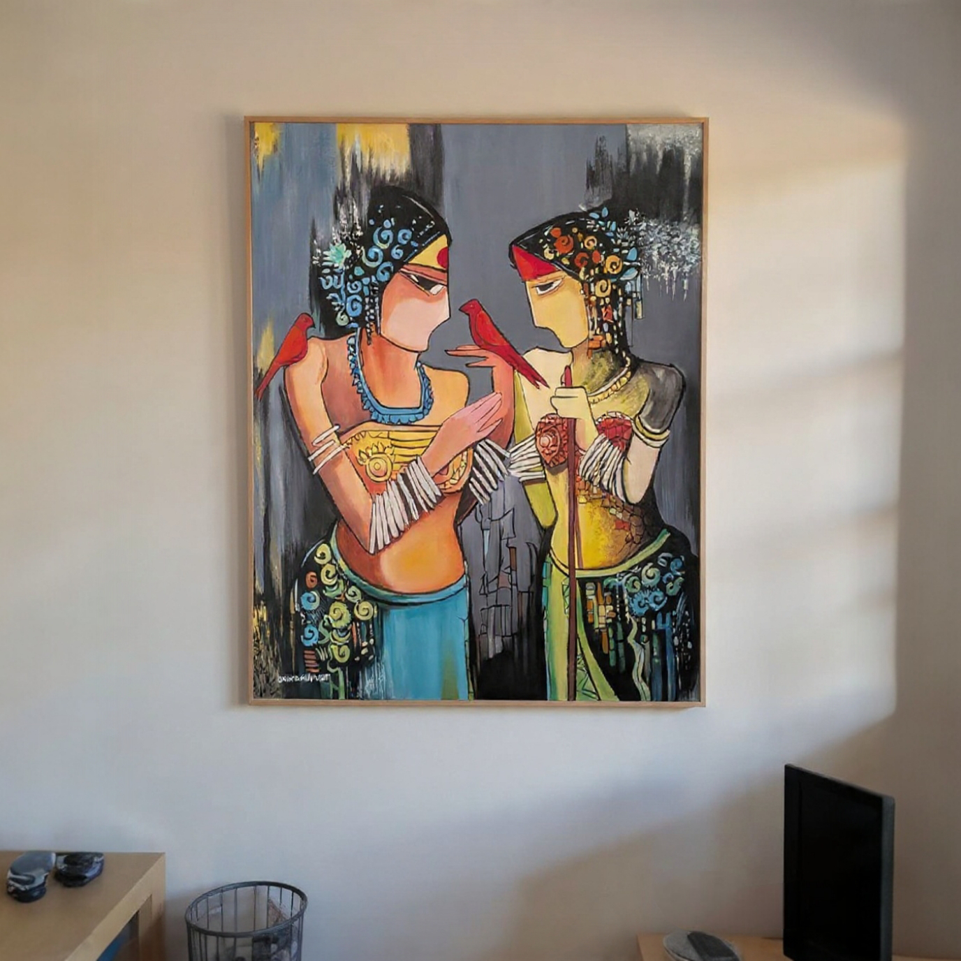 Two Ladies Folk Art Acrylic Painting  30 X 36 Inches