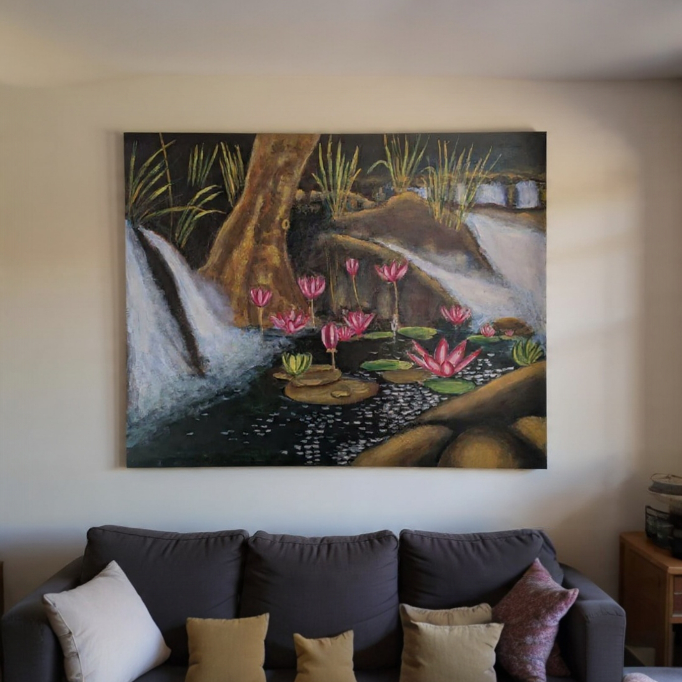 Acrylic Lotus And Waterfall 3 Feet X 4 Feet