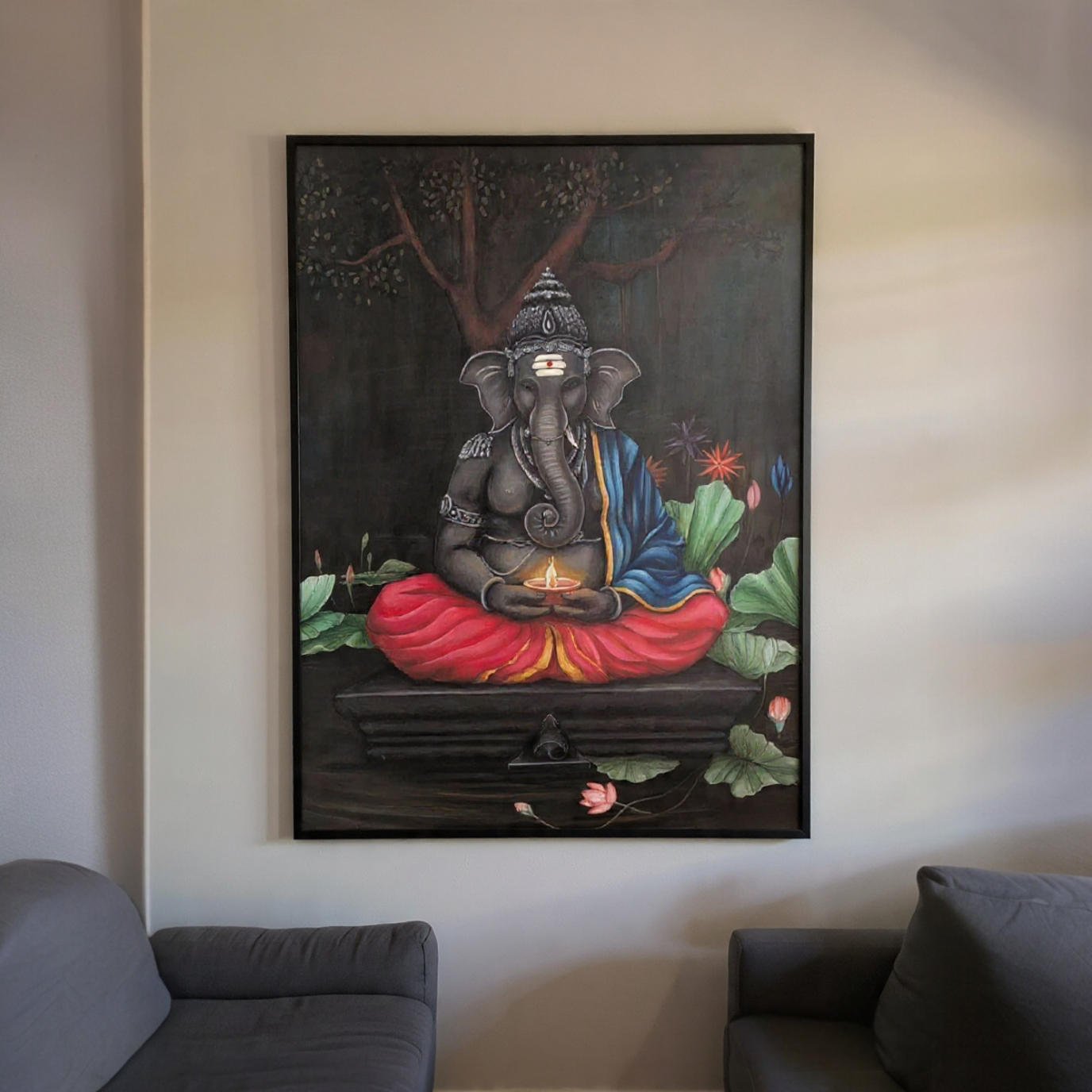 Ganesha With Glowing Lamp In Subtle Colours  4 Feet X 3 Feet Acrylic Painting