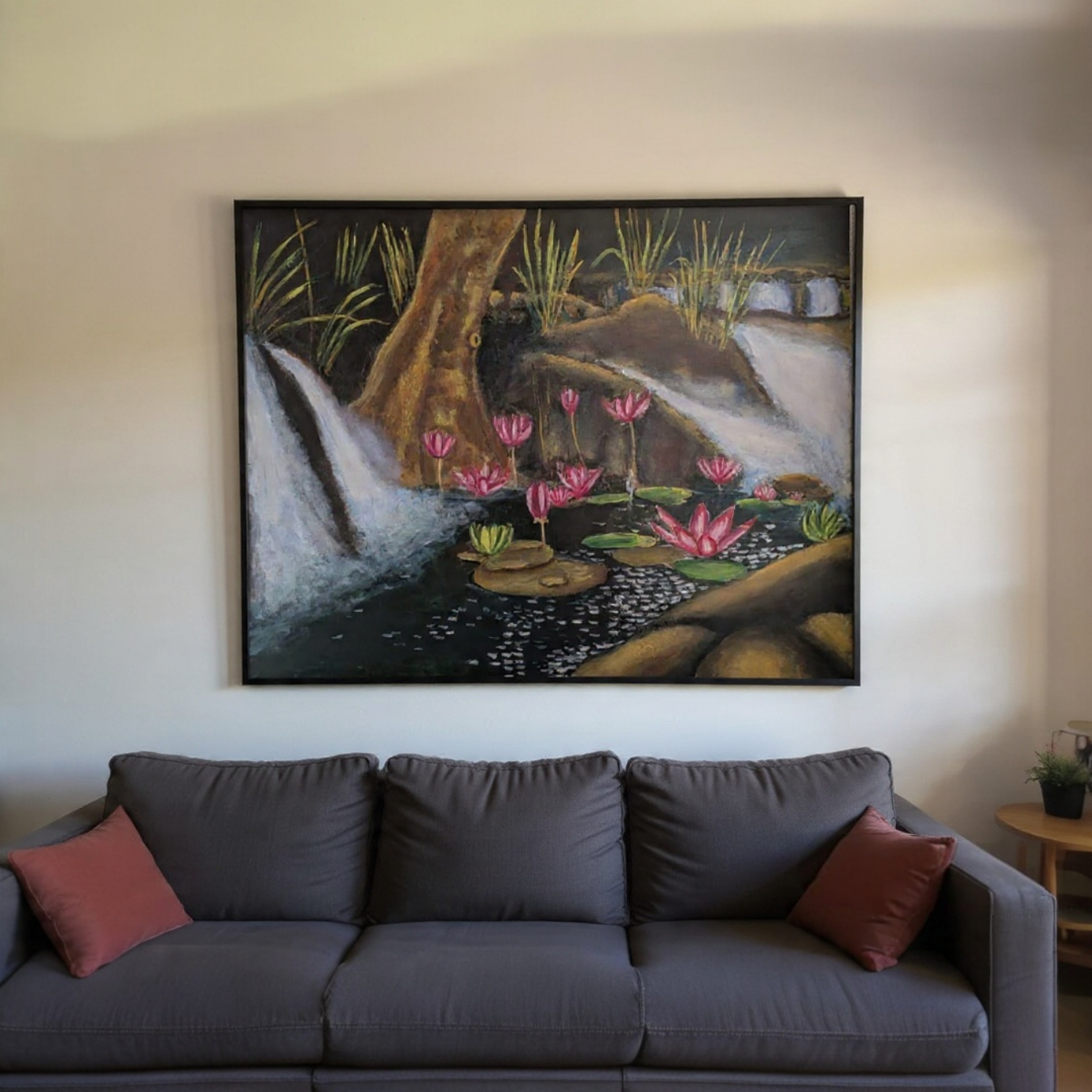 Acrylic Lotus And Waterfall 3 Feet X 4 Feet