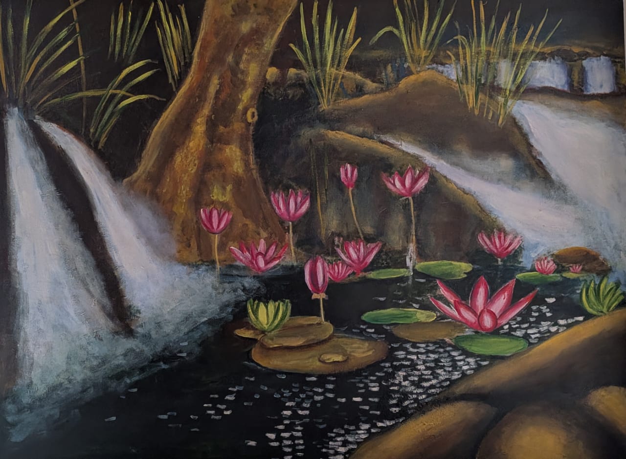 Acrylic Lotus And Waterfall 3 Feet X 4 Feet