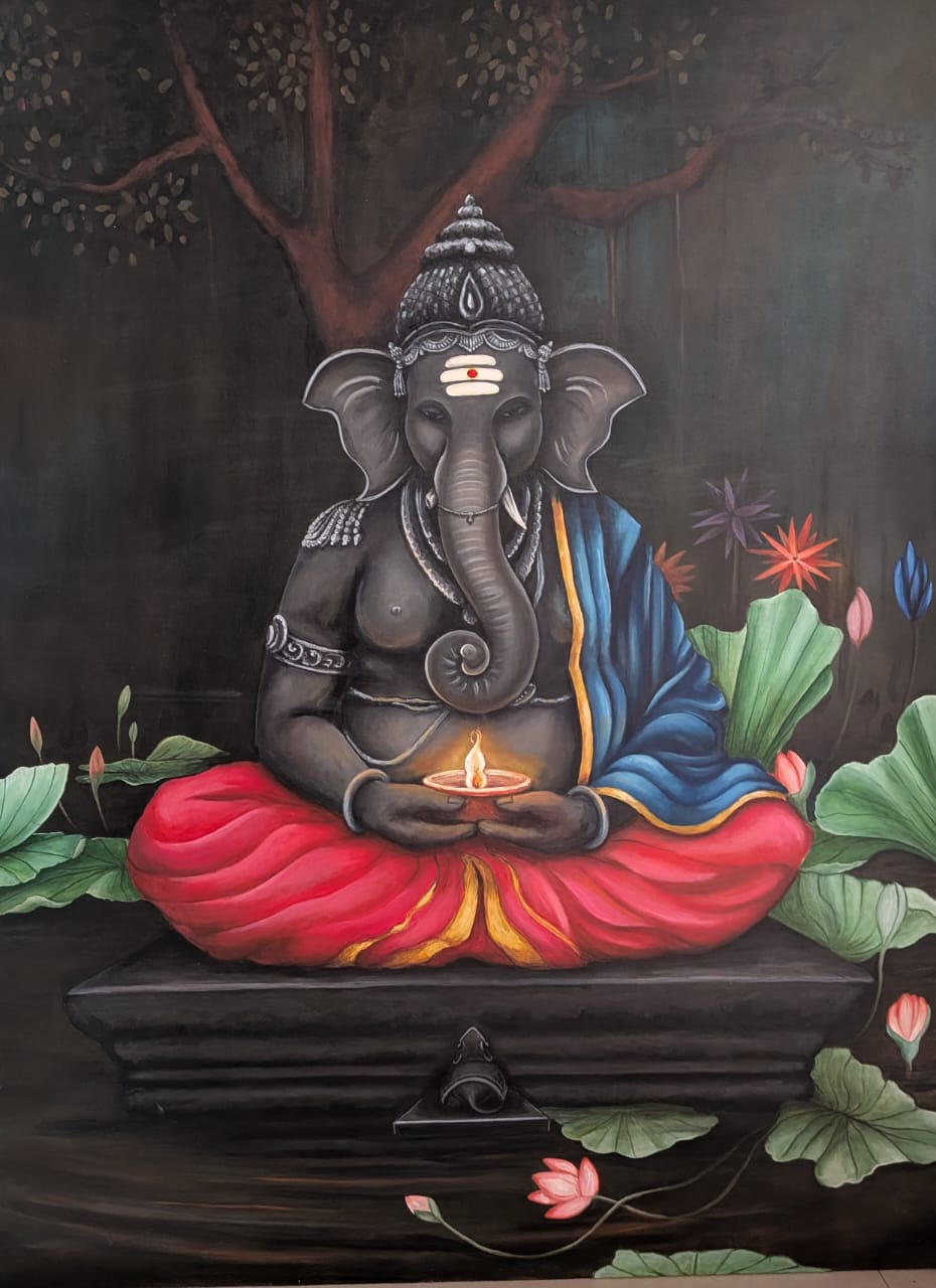 Ganesha With Glowing Lamp In Subtle Colours  4 Feet X 3 Feet Acrylic Painting