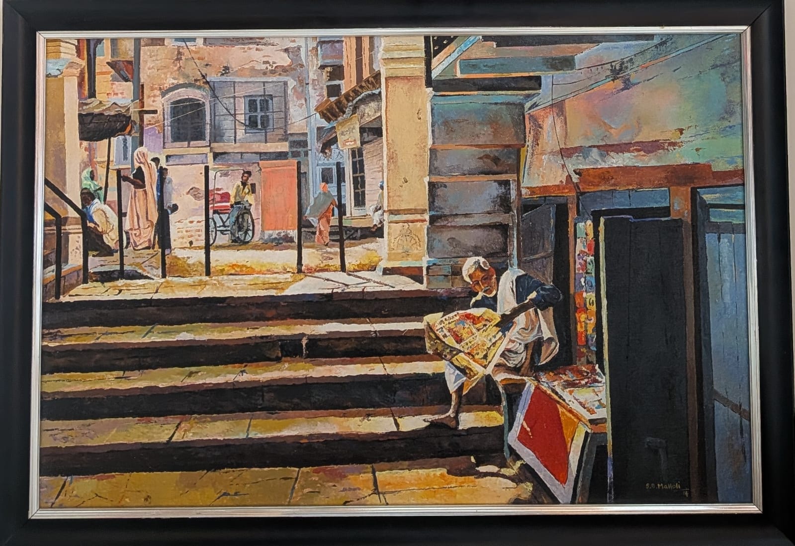Morning Town Scenario Acrylic Painting With Black Frame 26 X 18 inches
