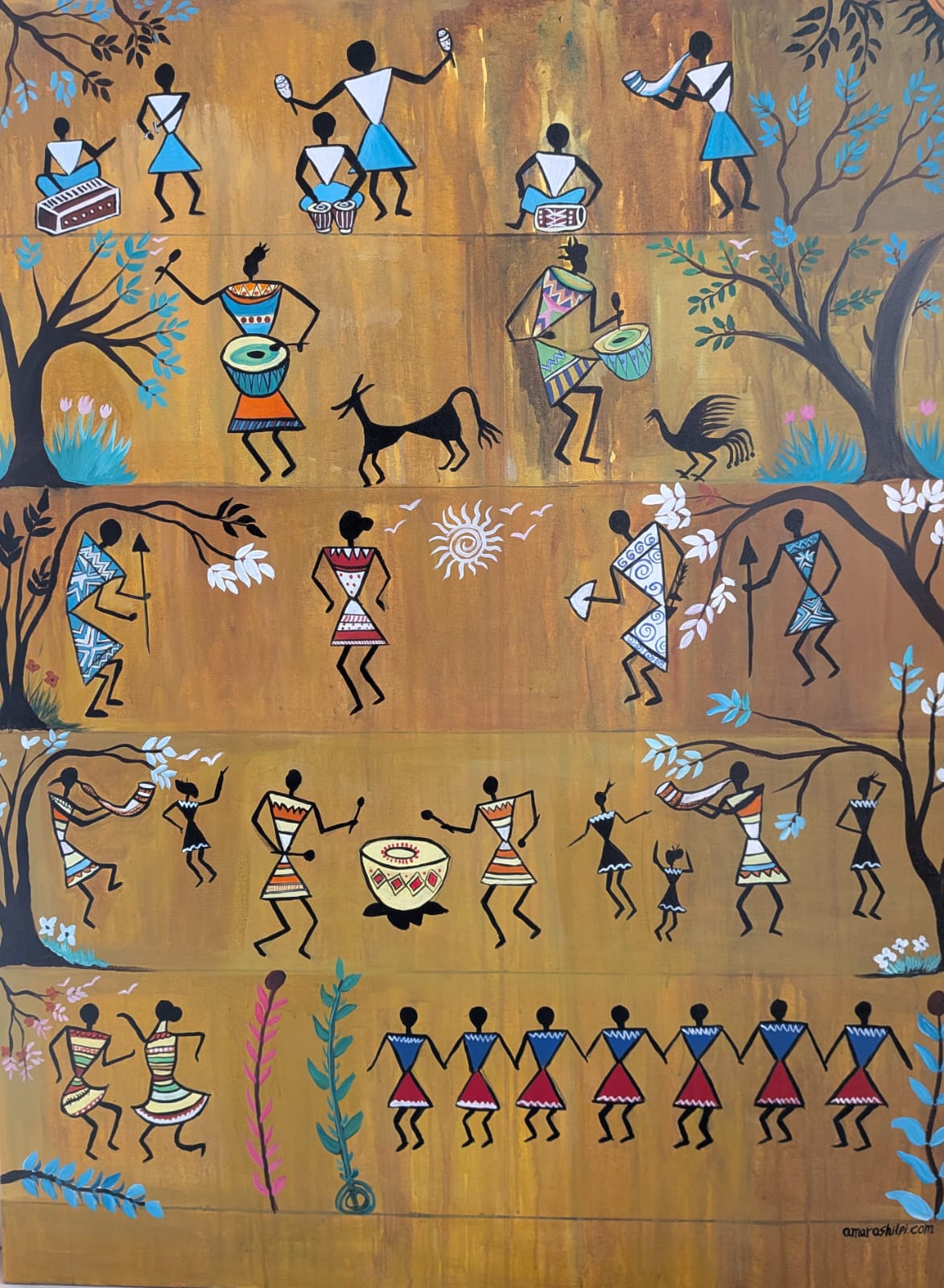 Tribal Art In Golden Yellow Shades With Water Washed Effect Acrylic Painting  3 Feet X 4 Feet