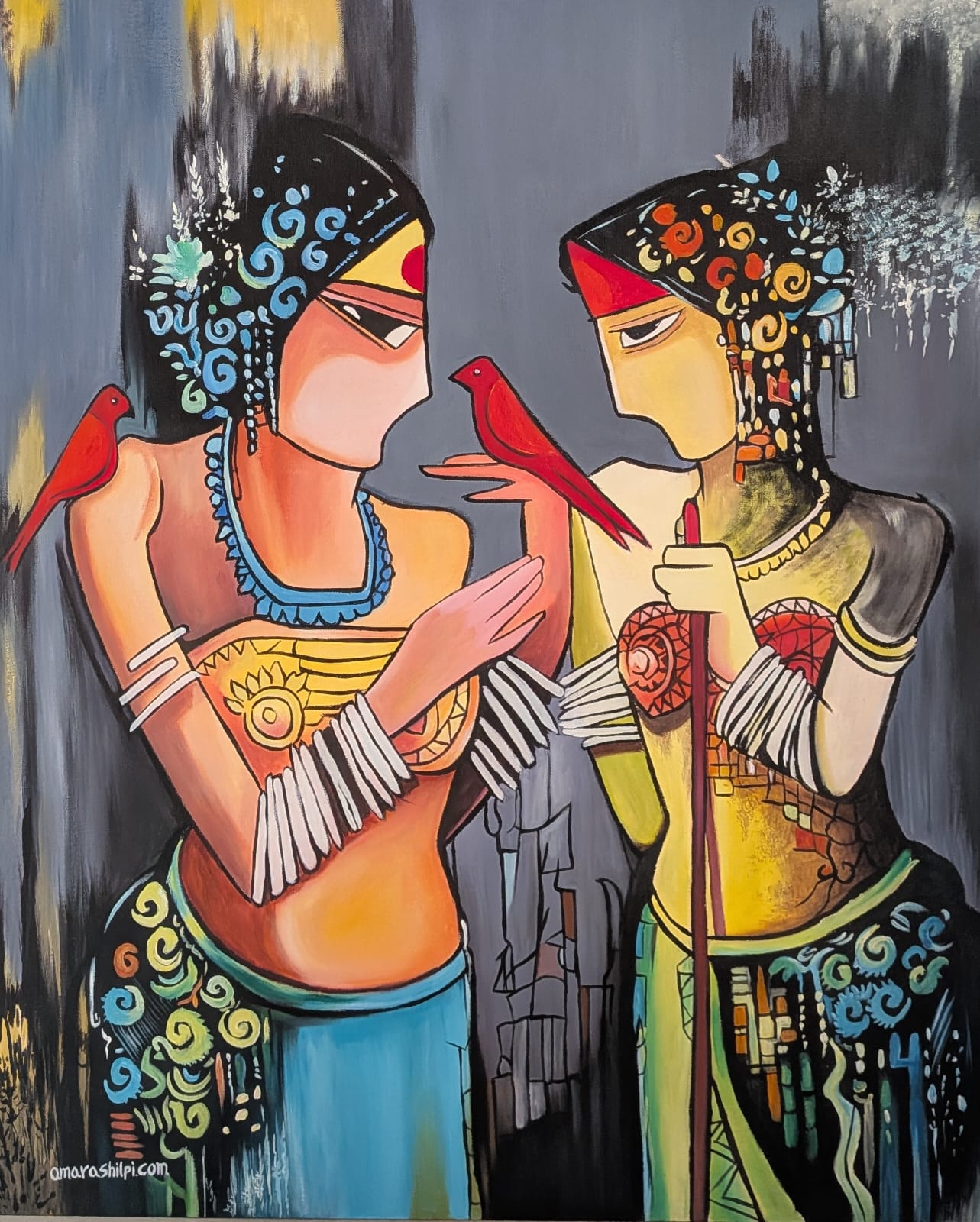 Two Ladies Folk Art Acrylic Painting  30 X 36 Inches